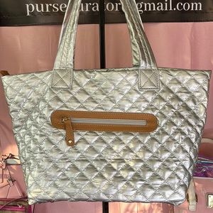 Nylon Tote in silver with tan leather trim